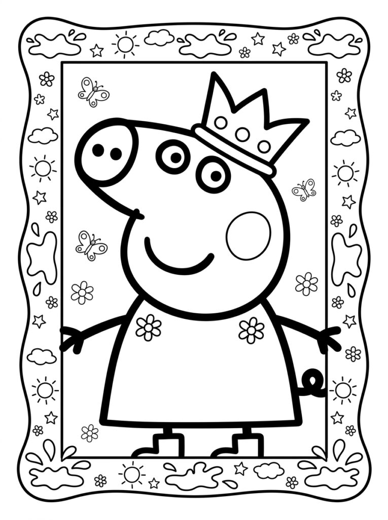 Peppa Pig met kroon tussen bloemen en sterren
