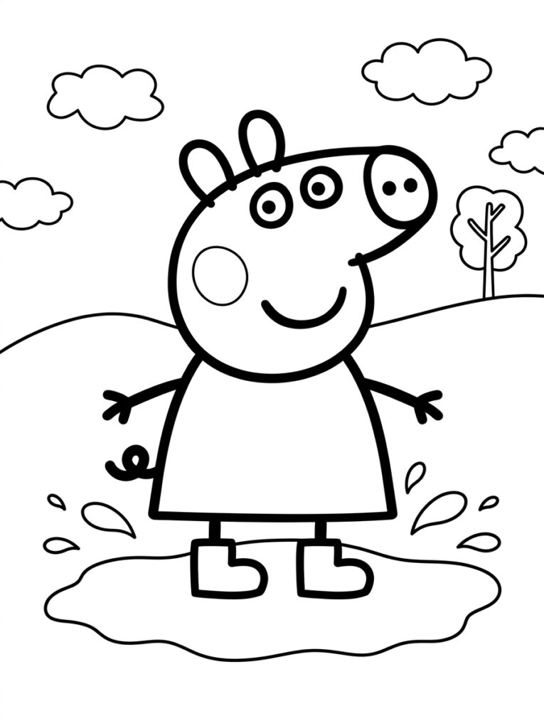 Peppa Pig staat in plas met wolken en boom