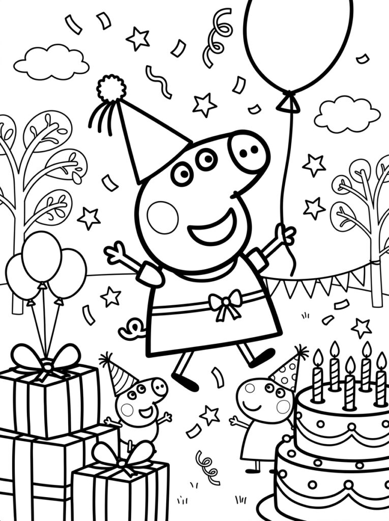 Peppa Pig springt met ballon naast verjaardagstaart