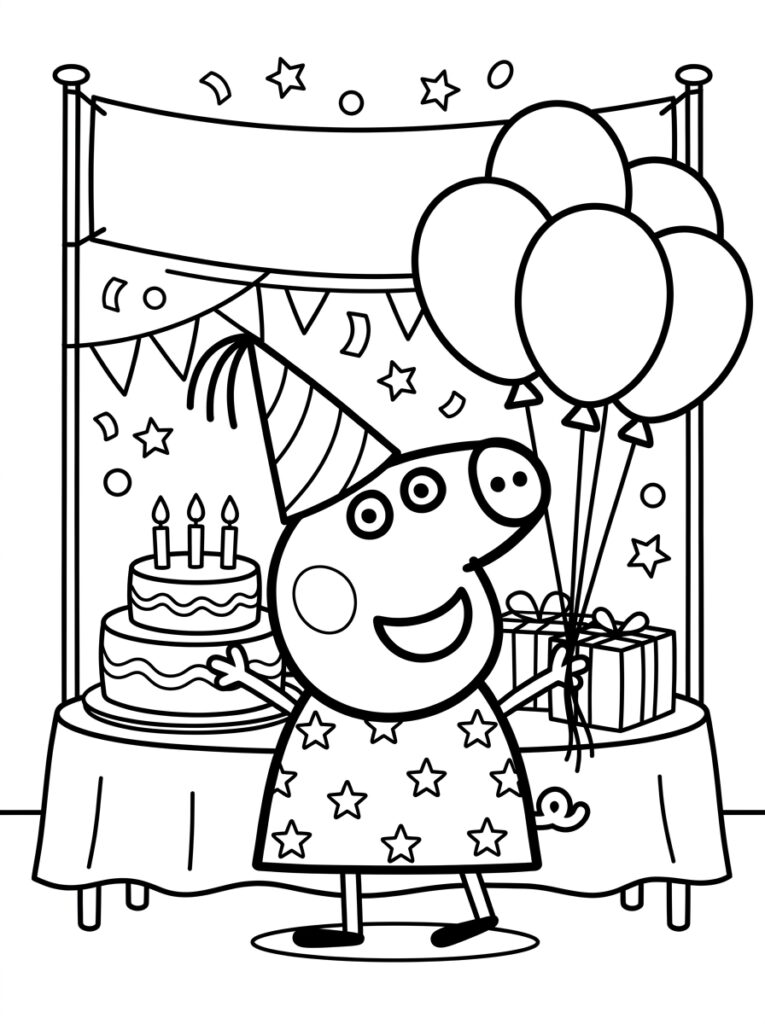 Peppa Pig met ballonnen bij feesttafel met taart