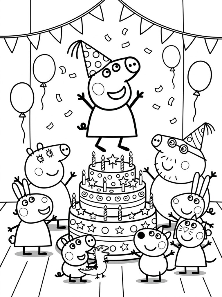 Peppa Pig en vrienden rond grote verjaardagstaart