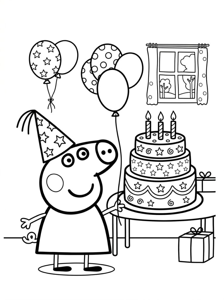 Peppa Pig met ballon naast grote verjaardagstaart