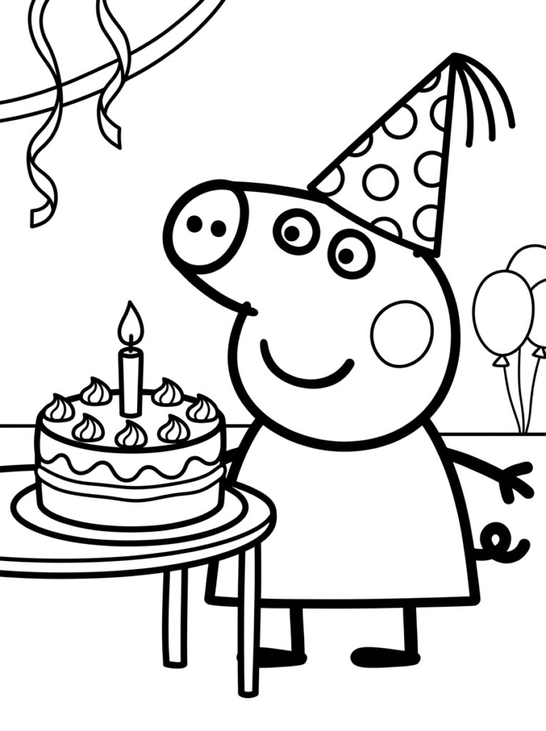 Peppa Pig met feestmuts naast taart met kaars