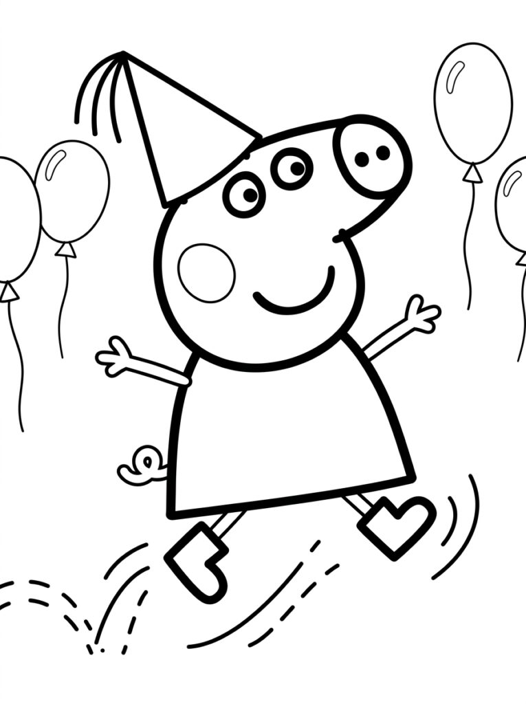 Peppa Pig danst met feestmuts en ballonnen