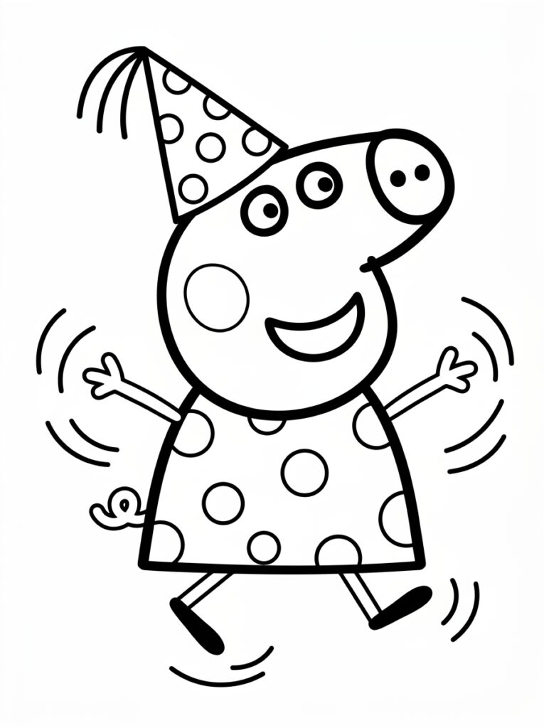 Peppa Pig danst in stippenjurk met feestmuts