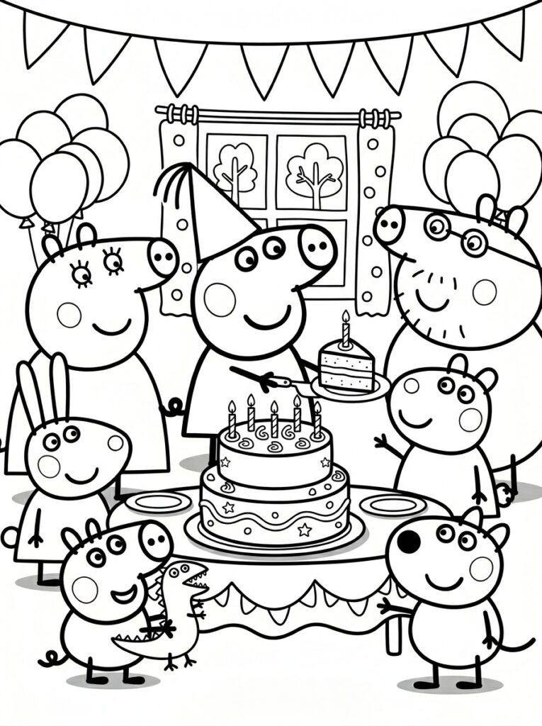 Peppa Pig en familie rond verjaardagstaart