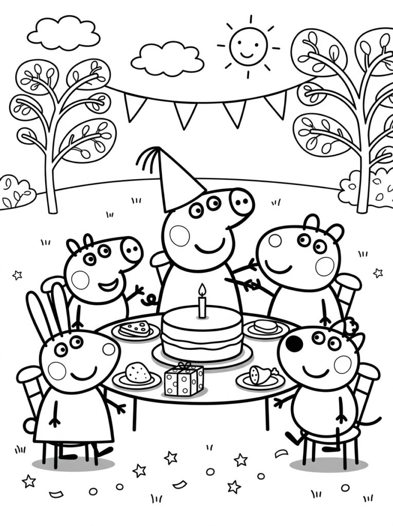 Peppa Pig viert buiten met taart en vrienden