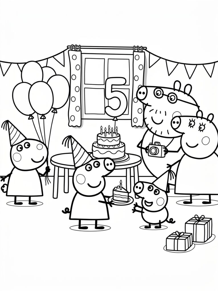 Peppa Pig en familie bij taart en ballonnen