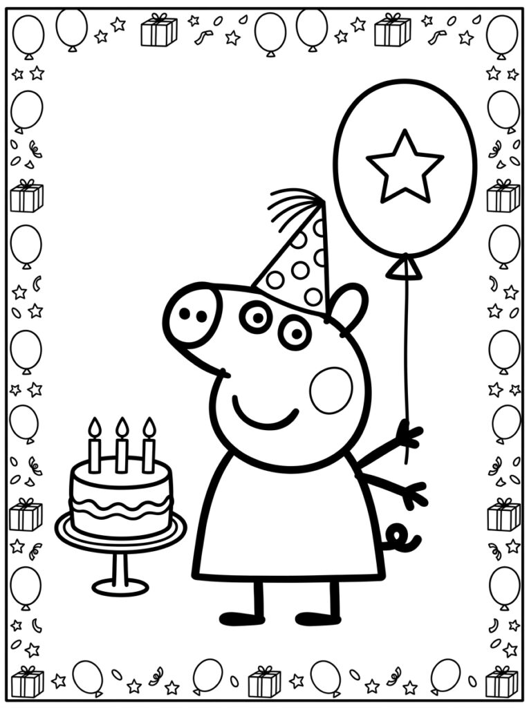 Peppa Pig met feesthoed houdt sterballon bij taart