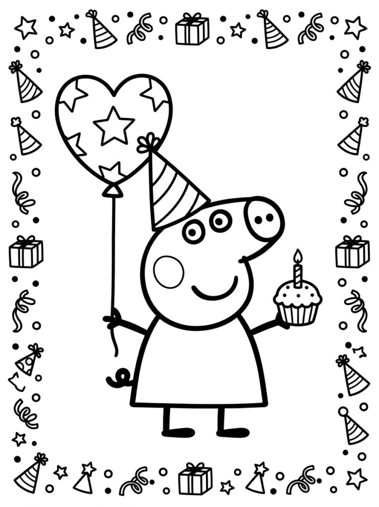 Peppa Pig met hartballon en cupcake met kaars