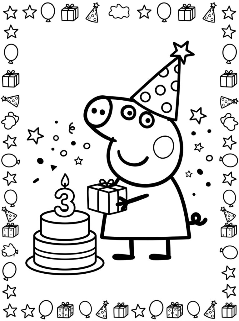Peppa Pig met cadeau naast taart met nummer drie