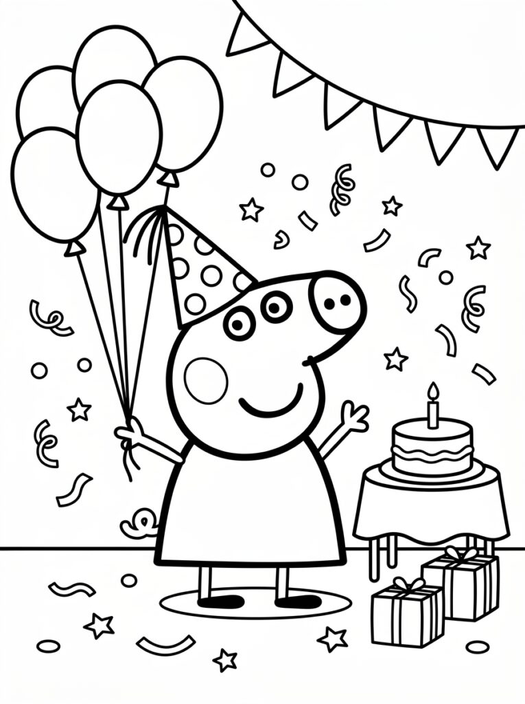 Peppa Pig met ballonnen bij taart en slingers