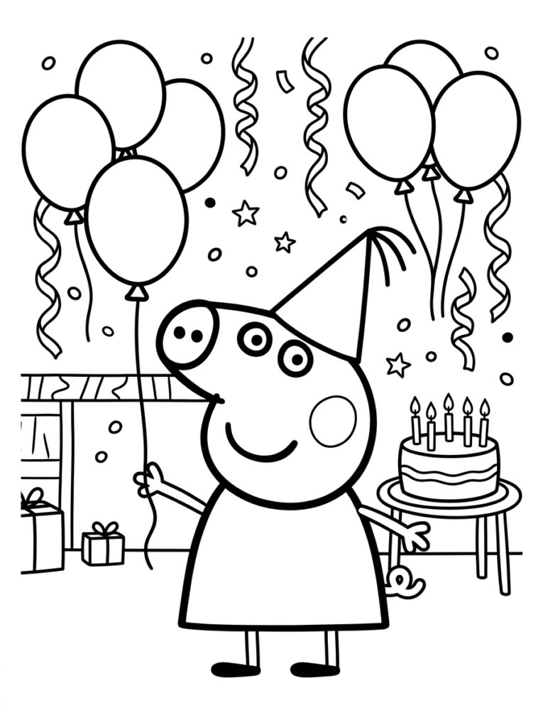 Peppa Pig met ballon naast taart met kaarsen
