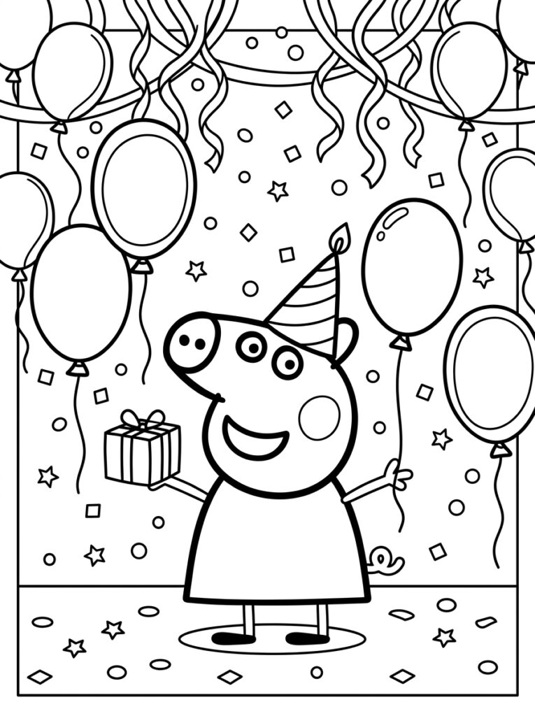 Peppa Pig met cadeau tussen ballonnen en slingers
