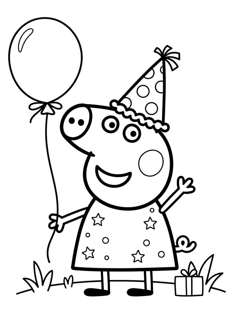 Peppa Pig met feestmuts en ballon in gras