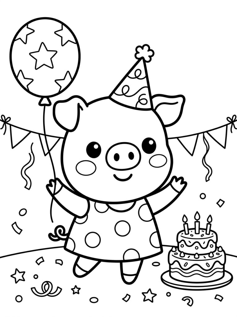 Peppa Pig met sterrenballon naast verjaardagstaart