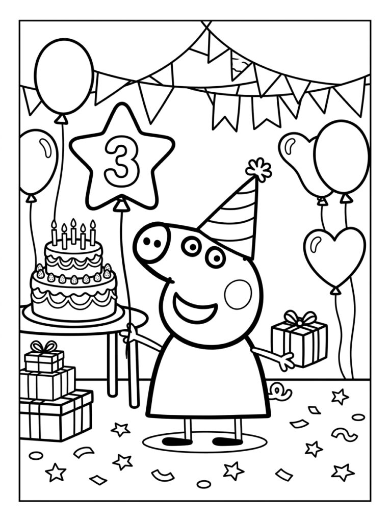 Peppa Pig met cadeau bij taart en ballonnen