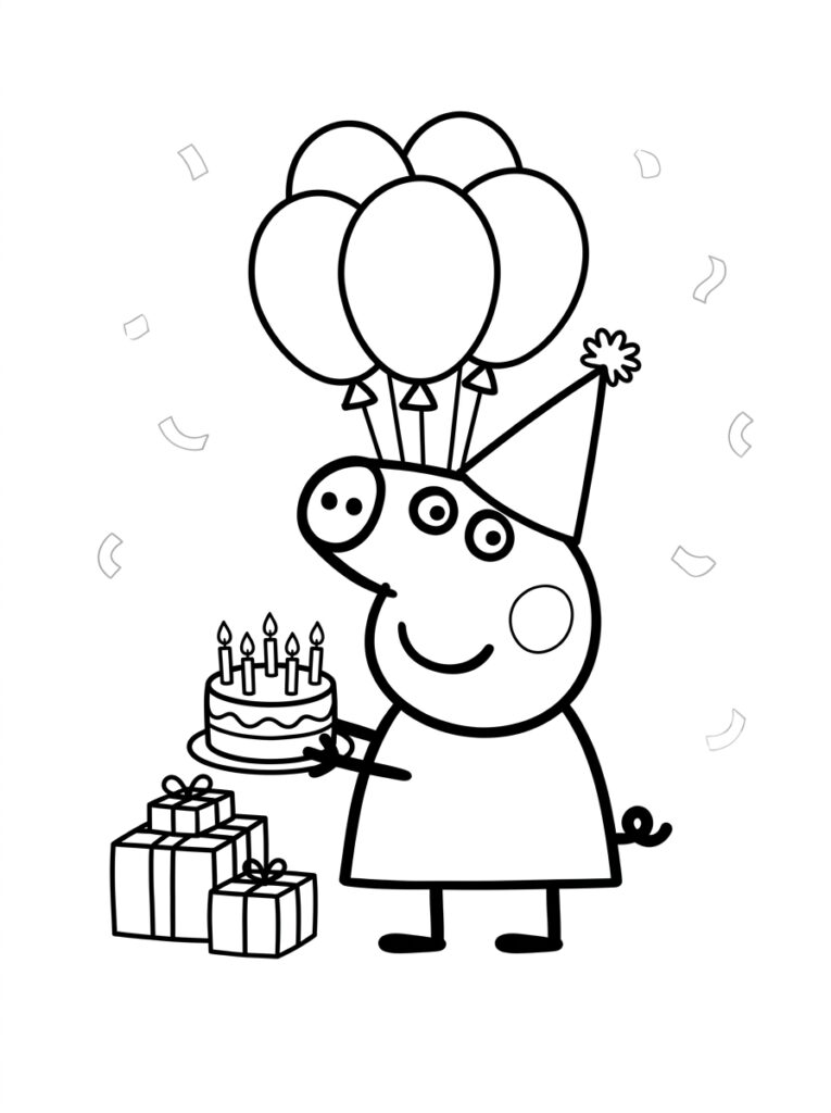 Peppa Pig houdt taart vast met ballonnen