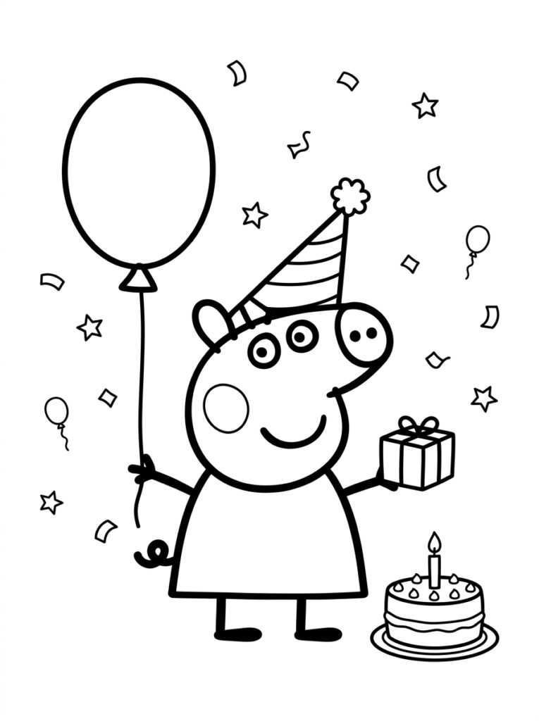Peppa Pig met hoedje houdt ballon en cadeau
