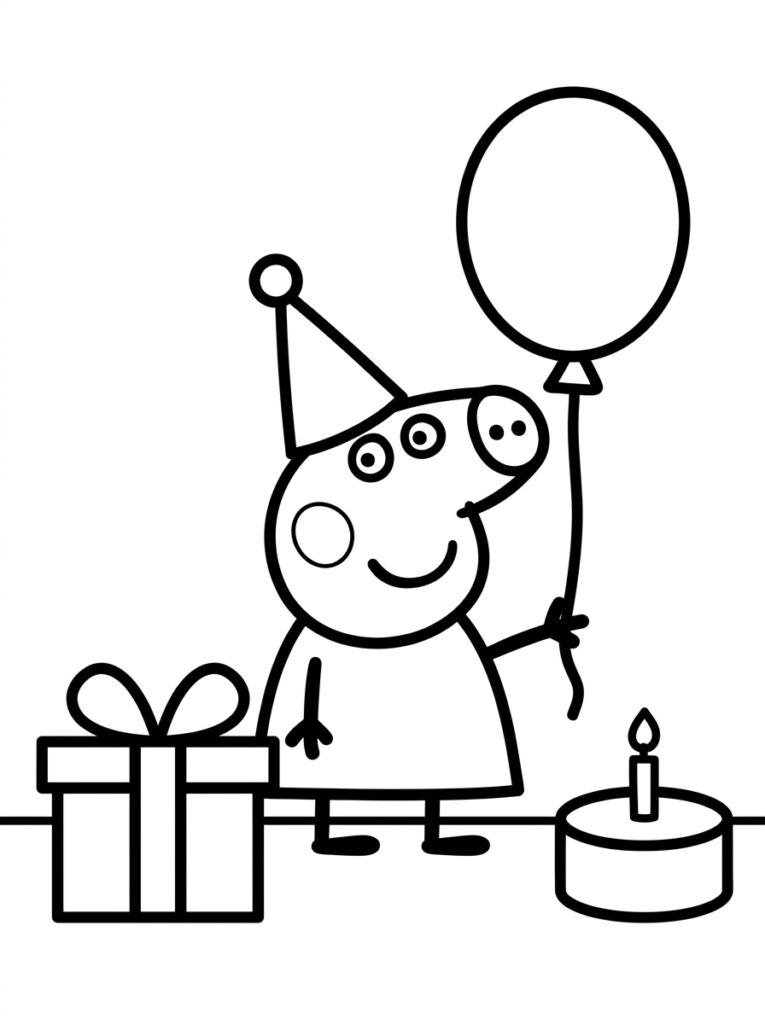 Peppa Pig houdt ballon vast naast cadeau en taart