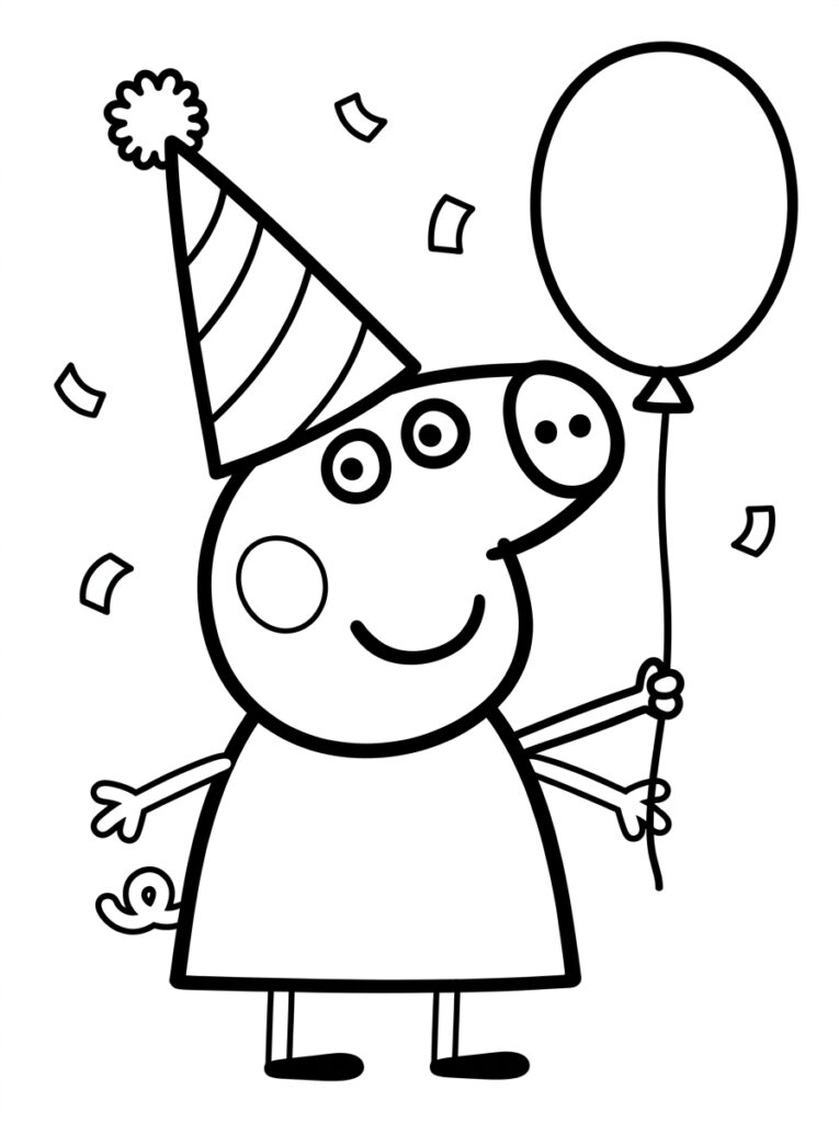 Peppa Pig spreidt armen met ballon en confetti