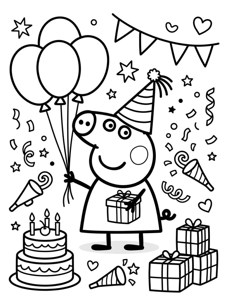 Peppa Pig met ballonnen cadeau taart en slingers
