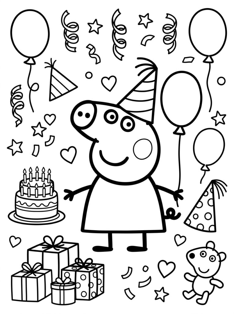 Peppa Pig tussen ballonnen cadeaus taart en teddybeer