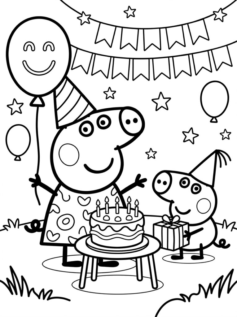 Peppa Pig en George bij verjaardagstaart met cadeaus