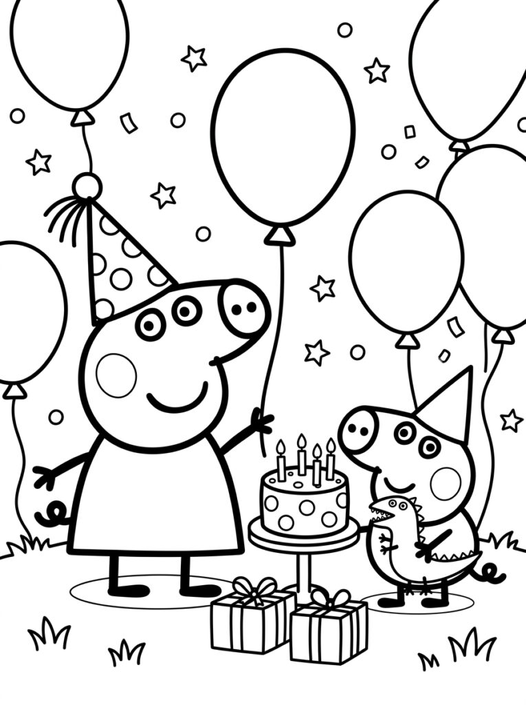 Peppa Pig en George met ballonnen en verjaardagstaart