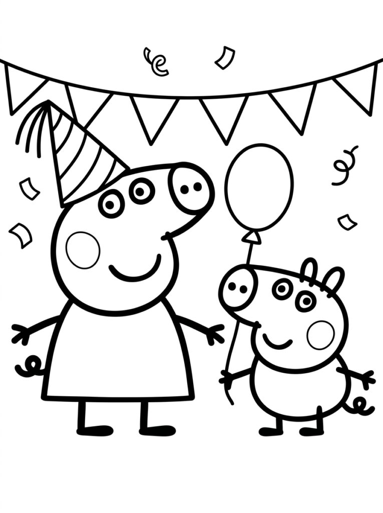Peppa Pig en George met feestmutsen en ballon