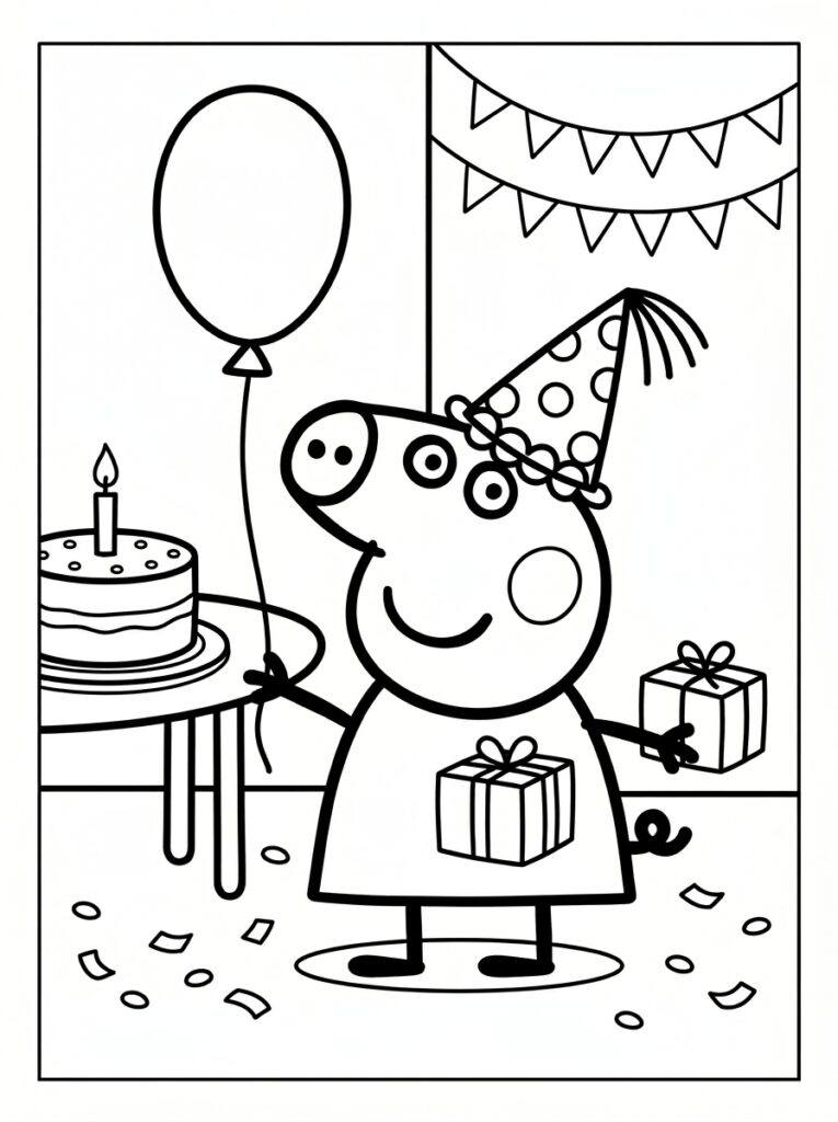 Peppa Pig met feestmuts en cadeaus bij taart