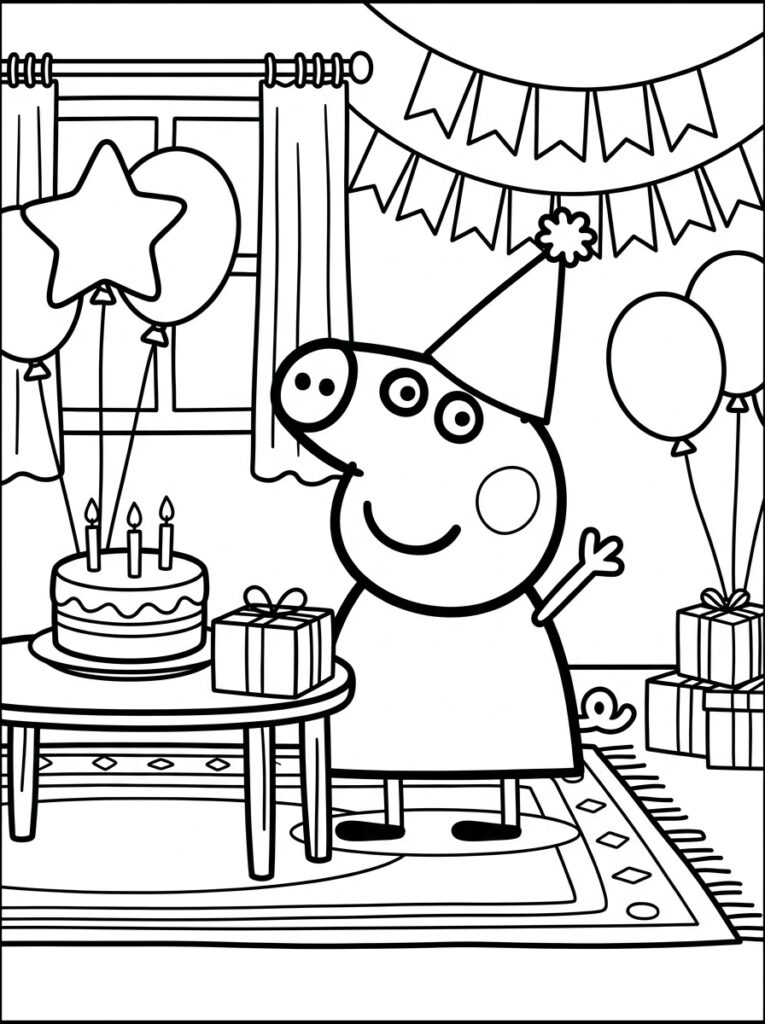 Peppa Pig met feestmuts bij taart en ballonnen