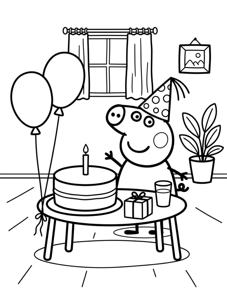 Peppa Pig met feestmuts bij tafel met taart