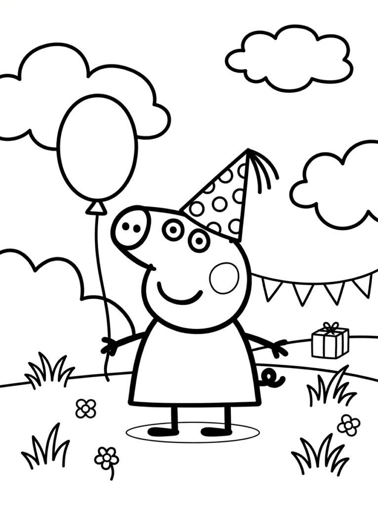 Peppa Pig met feestmuts houdt ballon bij slingers