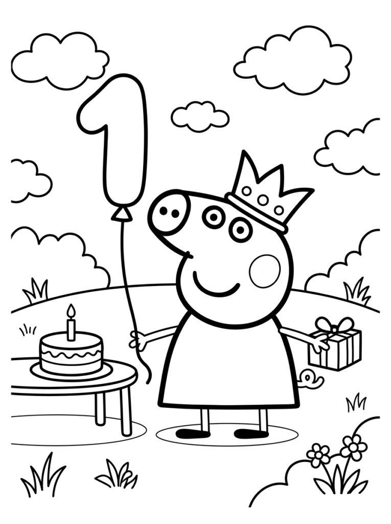 Peppa Pig met kroon bij taart en cadeau