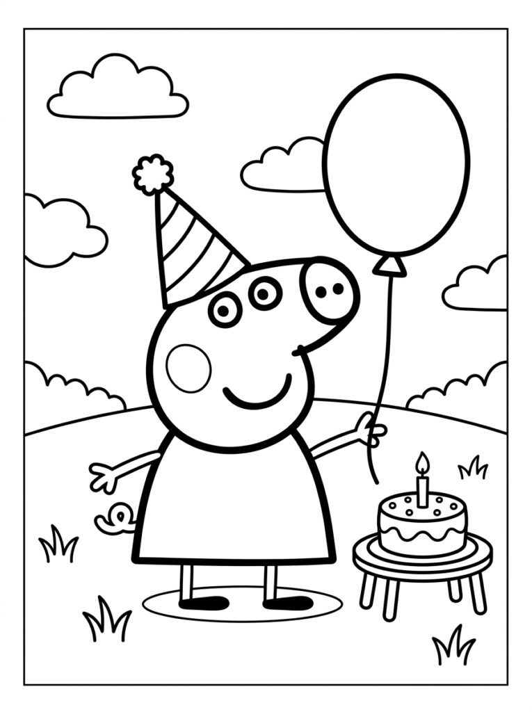 Peppa Pig met feestmuts naast ballon en taart