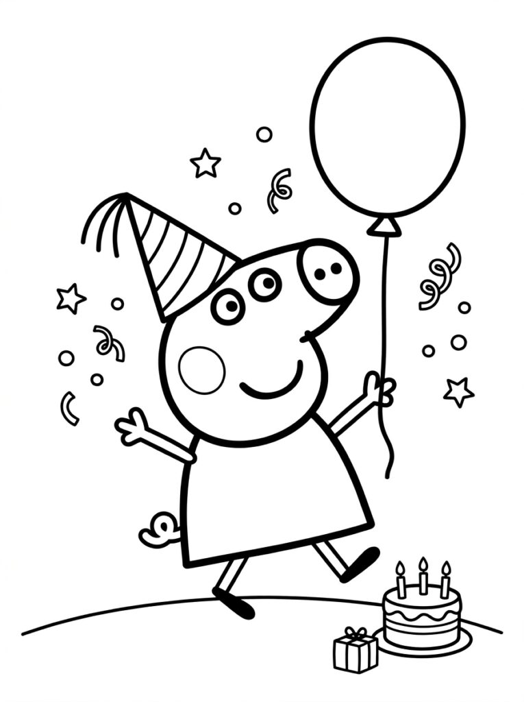 Peppa Pig met feestmuts danst met ballon en taart