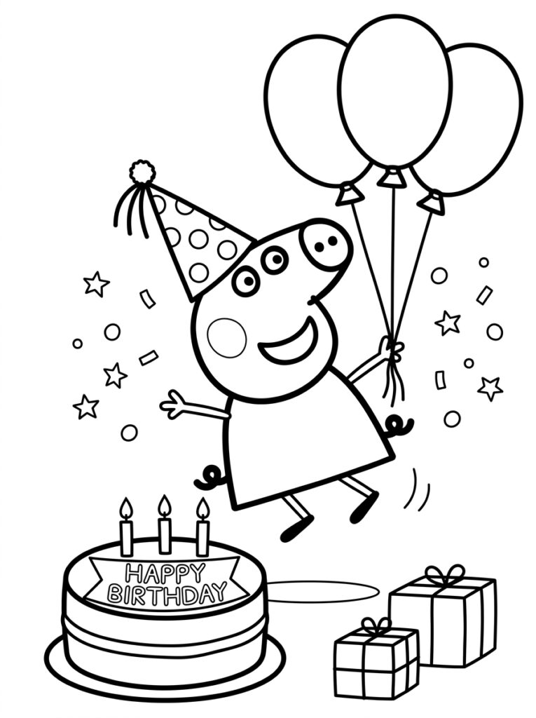 Peppa Pig springt met ballonnen boven verjaardagstaart