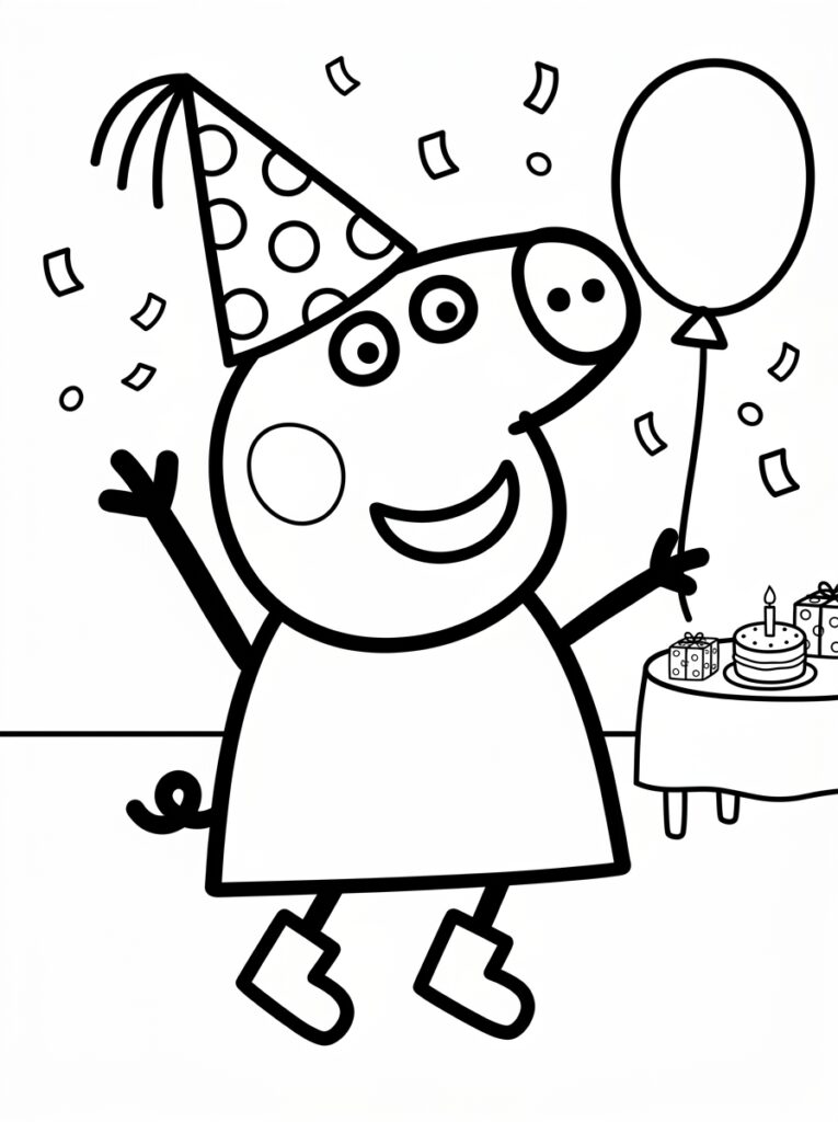 Peppa Pig danst met ballon bij feesttafel