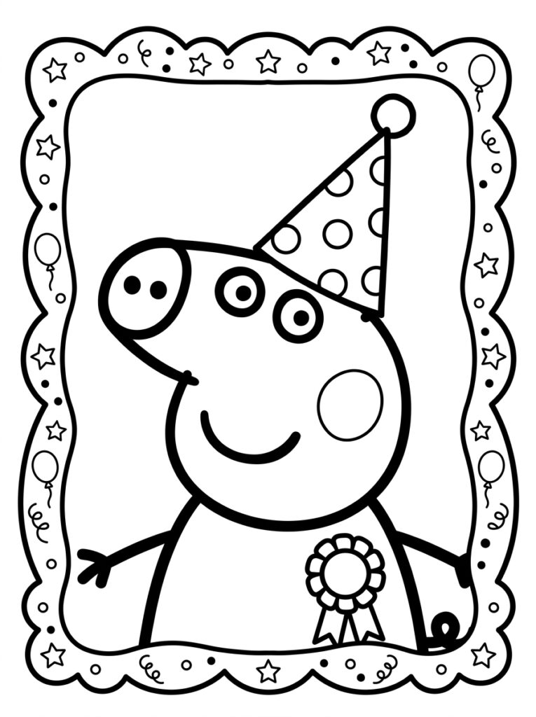 Peppa Pig met feestmuts en rozet in lijst