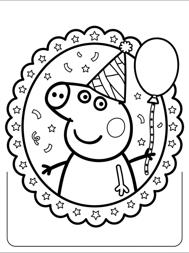 Peppa Pig met feestmuts en ballon in cirkel