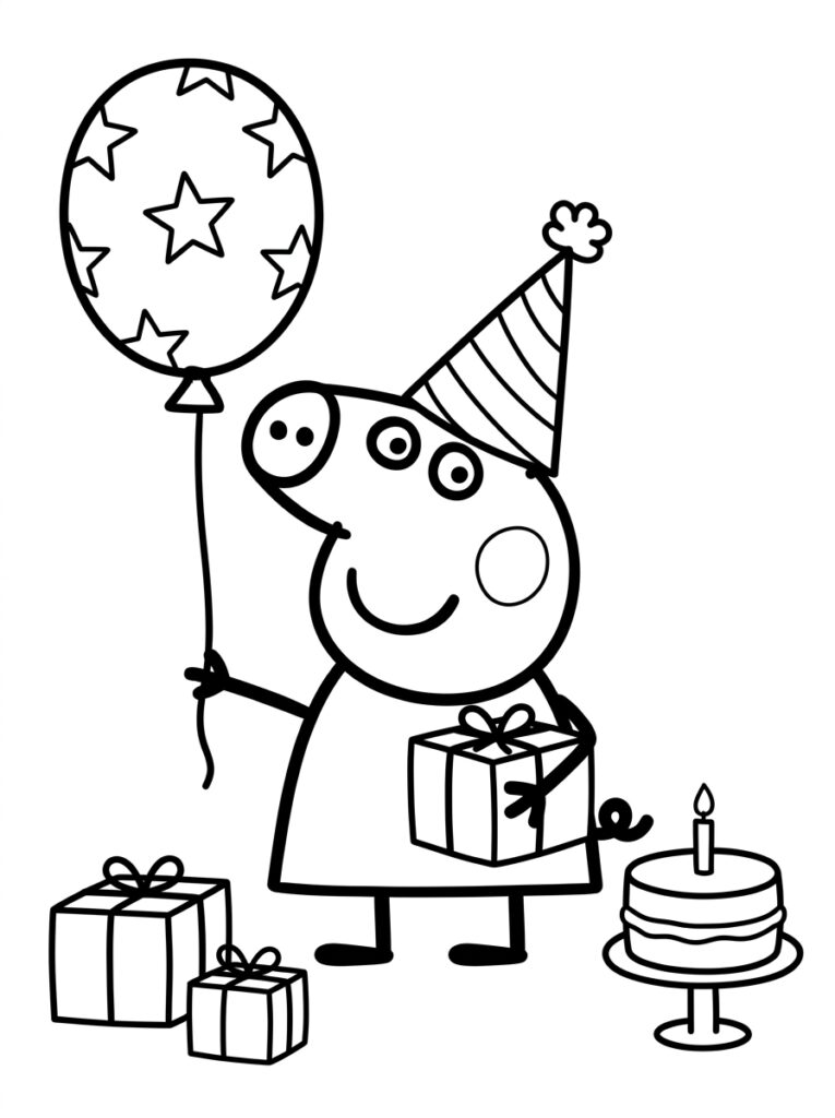 Peppa Pig met cadeau ballon en verjaardagstaart
