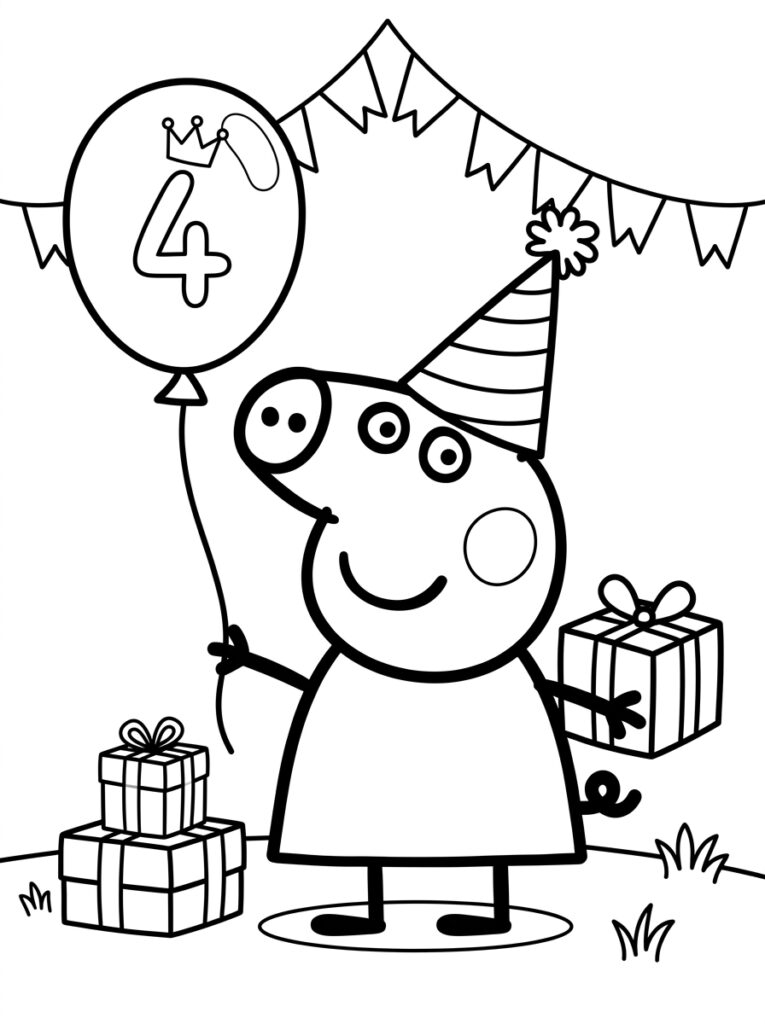 Peppa Pig met vier ballon en stapel cadeaus
