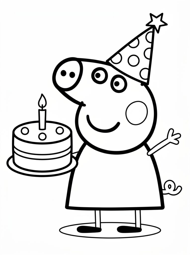 Peppa Pig met verjaardagstaart en feestmuts