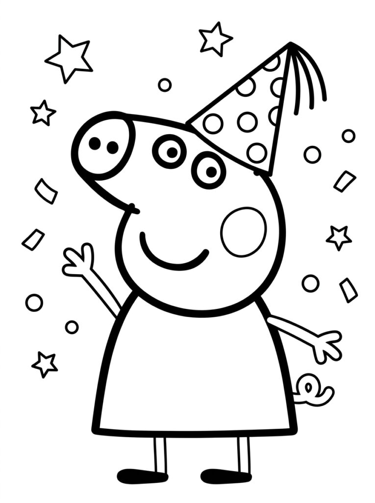 Peppa Pig met feestmuts tussen sterren en confetti