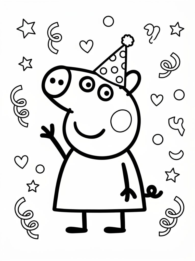 Peppa Pig met feesthoed tussen harten en slingers
