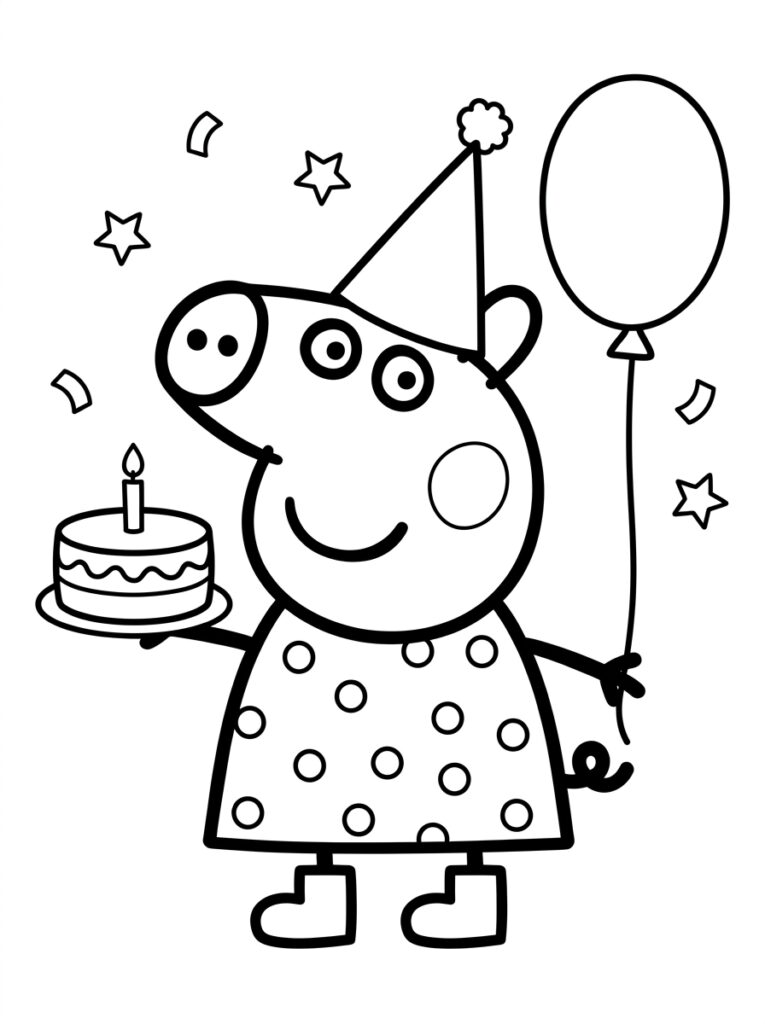 Peppa Pig met verjaardagstaart en ballon tussen sterren