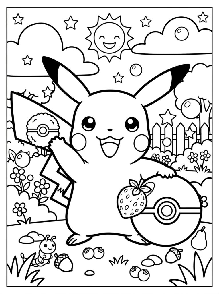 Pikachu houdt Pokéball met aardbei vast