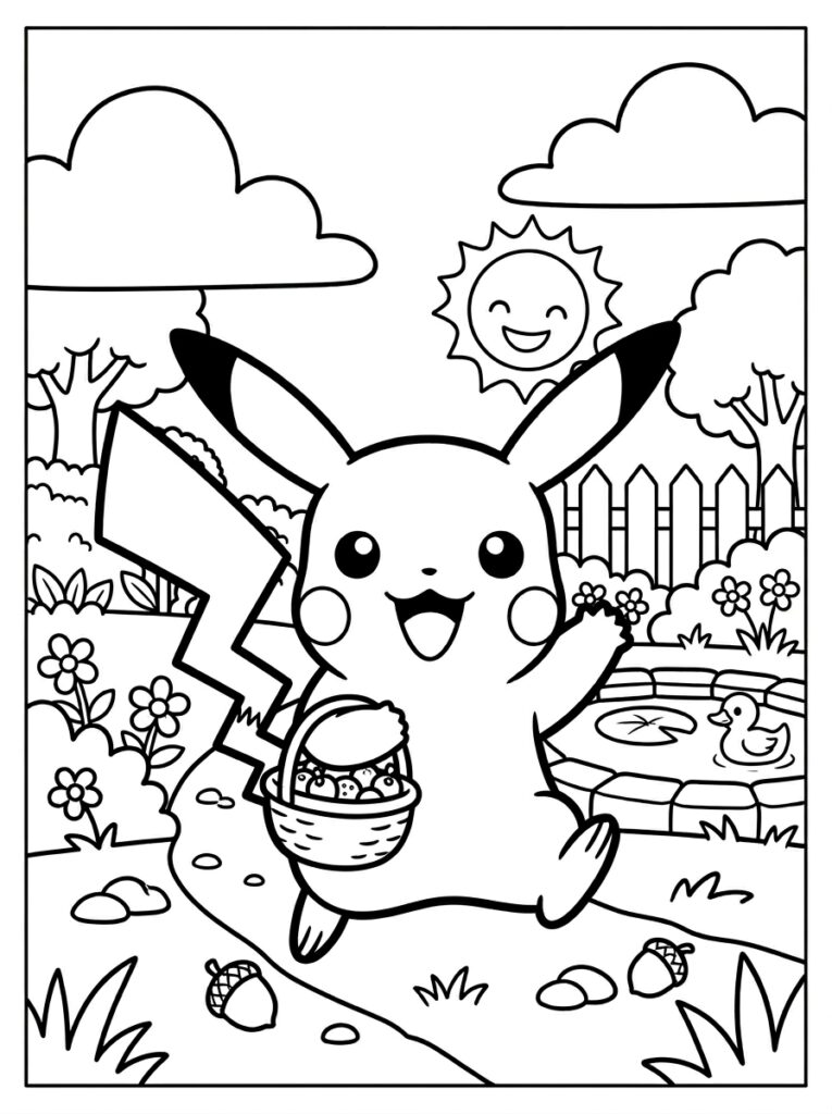Pikachu rent met fruitmand langs eend in vijver