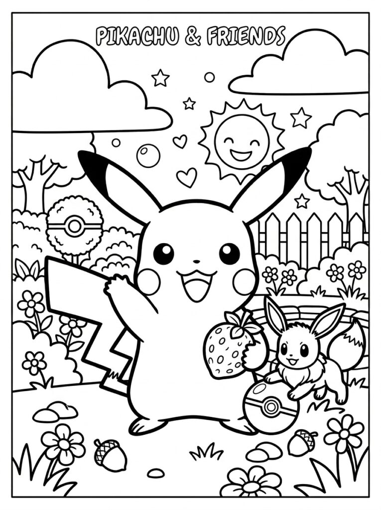 Pikachu en Eevee met aardbei en Pokéball
